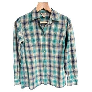 Duluth Trading Co. Women’s Teal Plaid Cotton Flannel Button Down Shirt, XS